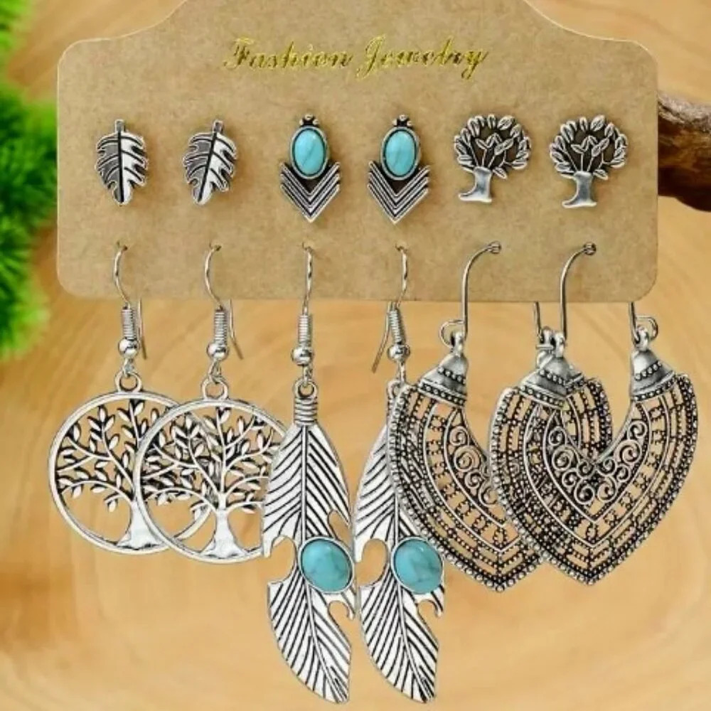 Southwestern Earring 6 pairs Set - Turquoise Inlaid Studs & Dangles